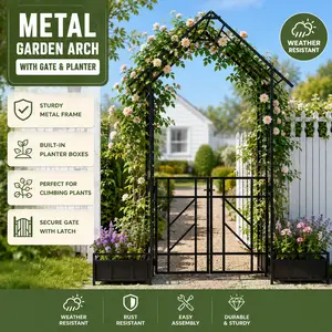 Metal Garden Arch with Gate and Planter Boxes Black Heavy Duty Iron Rose Arch 6.7ft W x 8.1ft H Large Arbors for Climbing Plants Support Outdoor Backyard Patio Wedding Flower Trellis Entrance Walkway