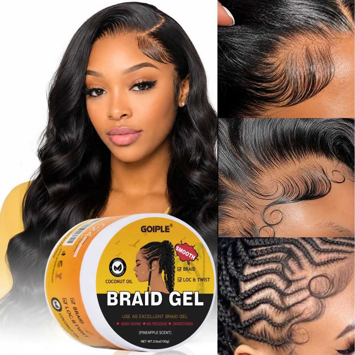 100g Coconut Oil Hair Styling Gel, Pineapple Flavored Moisturizing, Glossy Shining & Smoothing Hair Braiding Gel, Edge Control Hair Styling Product