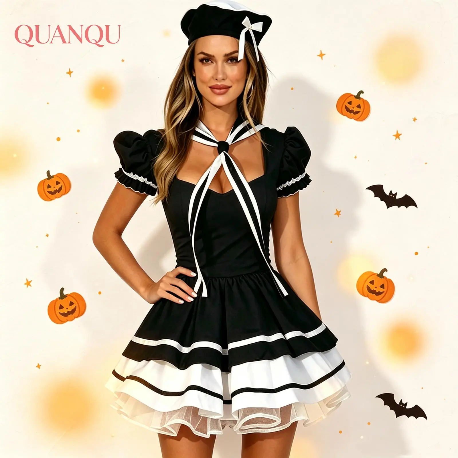 Women's fashion Cosplay Dress, Cute Character Costume Set, Including A Hat And A Scarf, Suitable for Halloween And Various Party