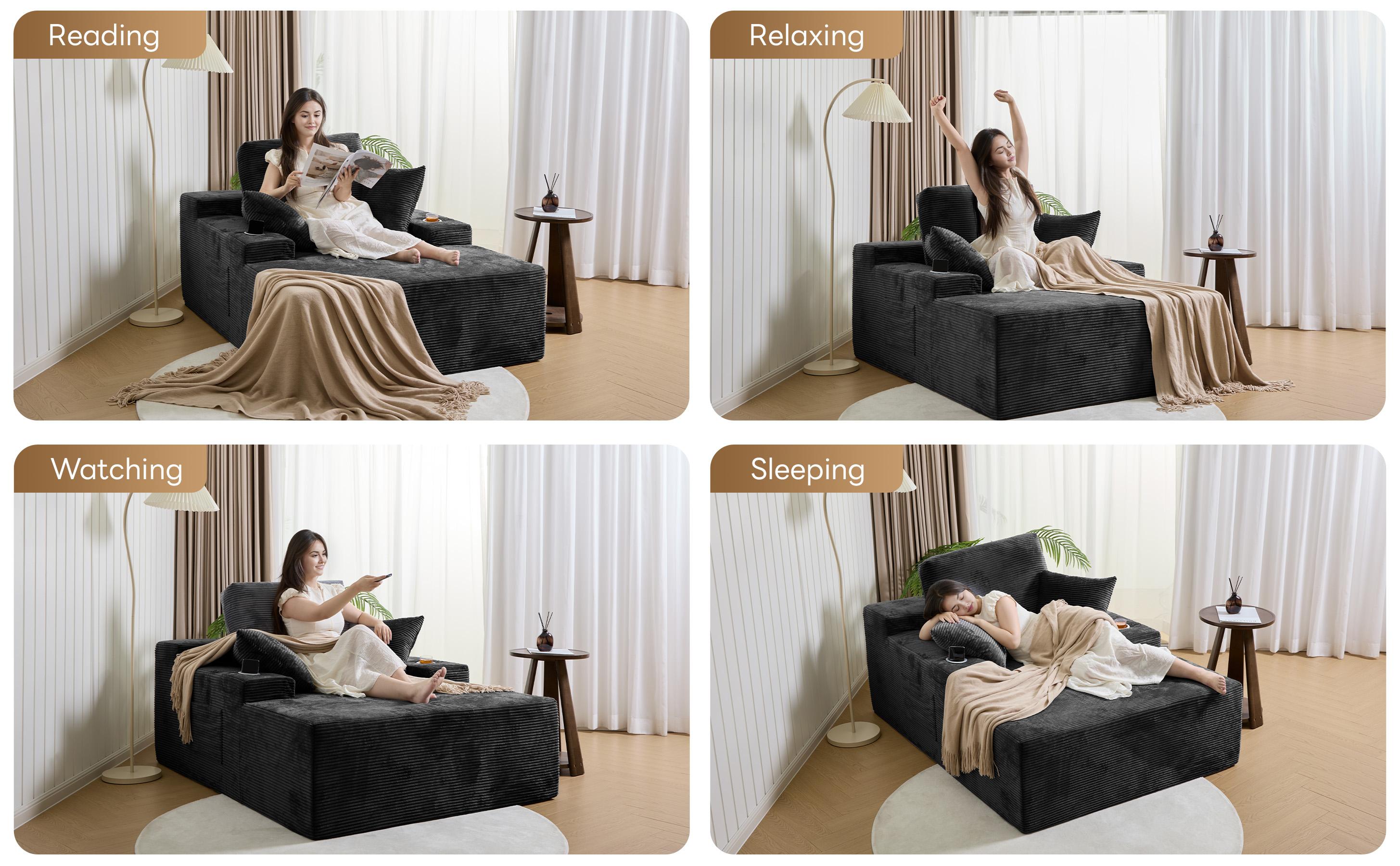 LIKIMIO 49" Oversized Chaise Lounge Sofa Bed with 2 Cup Holders & Storage Pocket - Plush Corduroy Upholstered, No Assembly Cloud Couch for Living Room, Bedroom, or Reading Nook