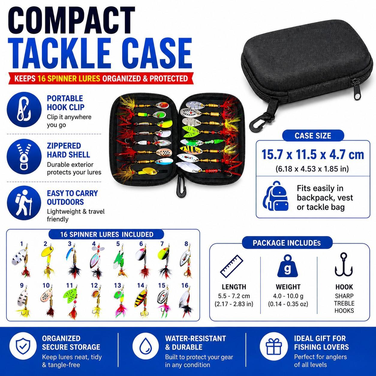 16pcs Fishing Spinner Lure Set with Storage Bag, Spoon Baits for Bass & Trout, Portable Fishing Tackle Kit, Ideal for Anglers