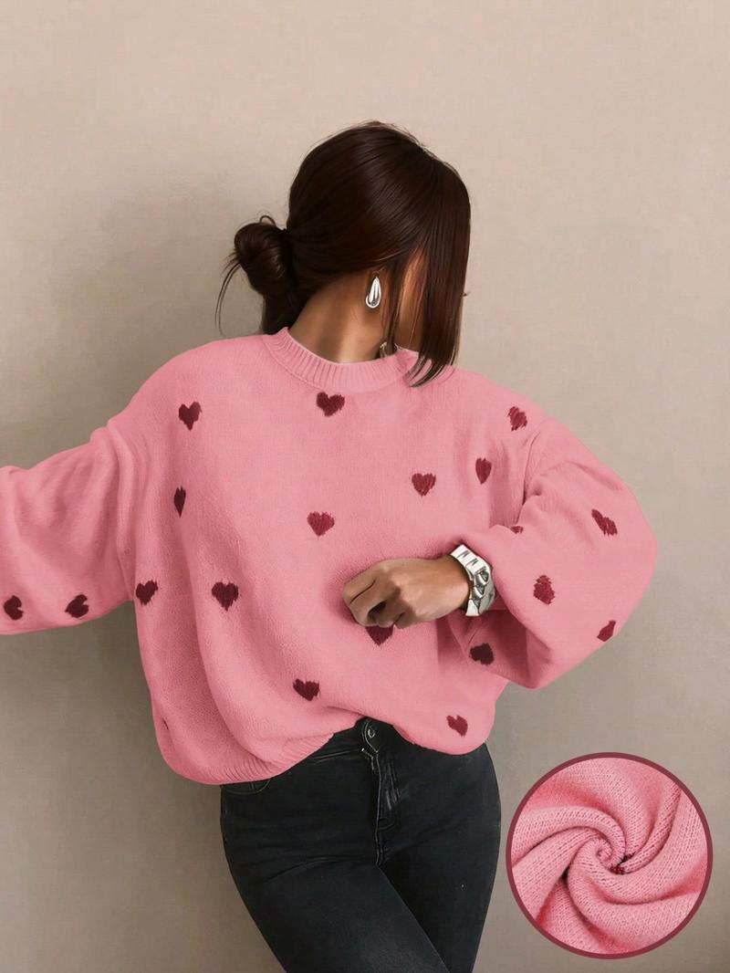 Women's All Over Heart Print Drop Shoulder Sweater, Casual Long Sleeve Round Neck Jumper for Fall & Winter, Fashion Ladies' Knitwear for Daily Wear