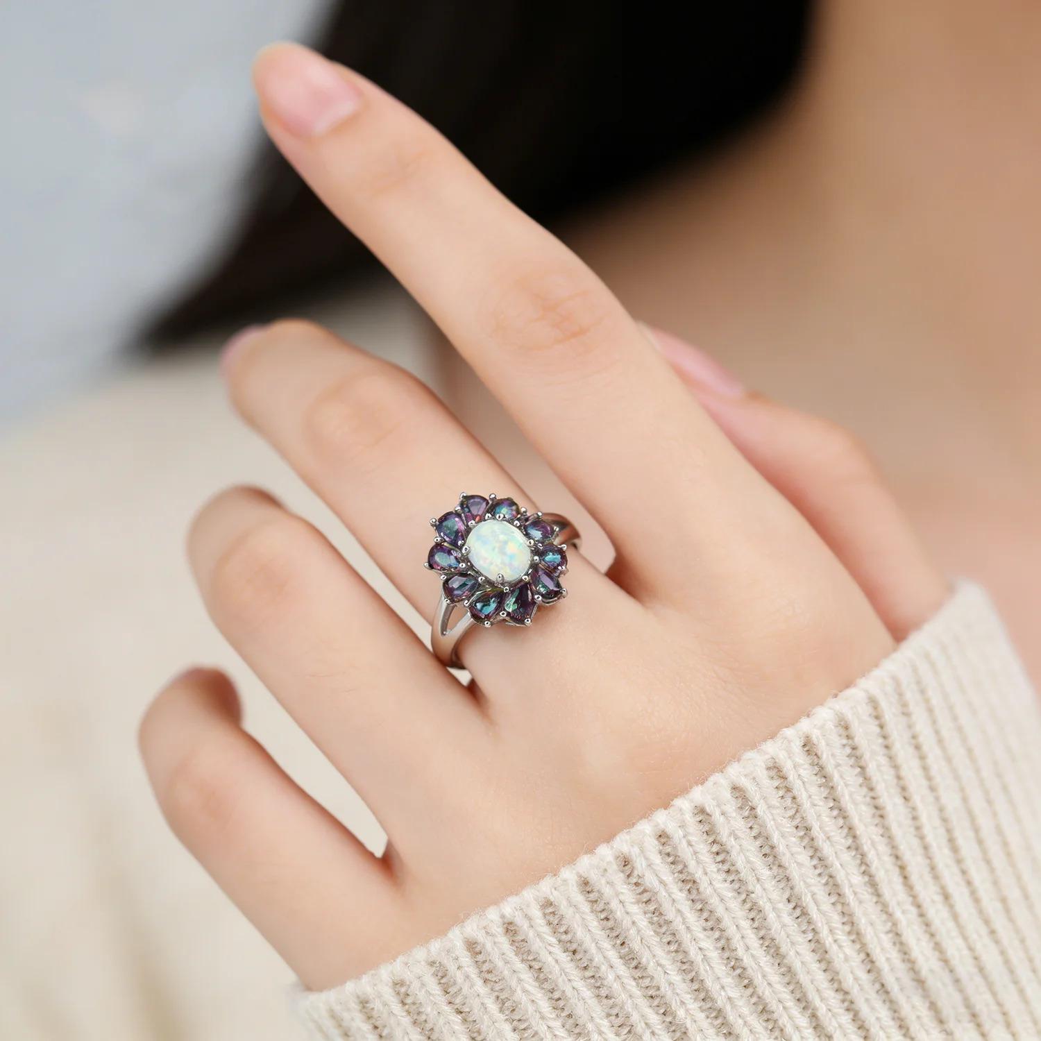 Luxury Floral Rainbow Stone & White Opal Birthstone Rings For Women Fashion Vintage Jewelry Christmas Wedding Gift for Lovers