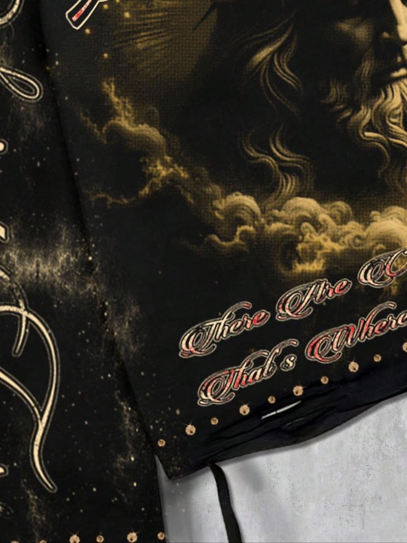 Men's Vintage Street Style Saint Print Long Sleeve Round Neck T-Shirt, Loose-Fitting Short Fit, Fall 2000s Fashion