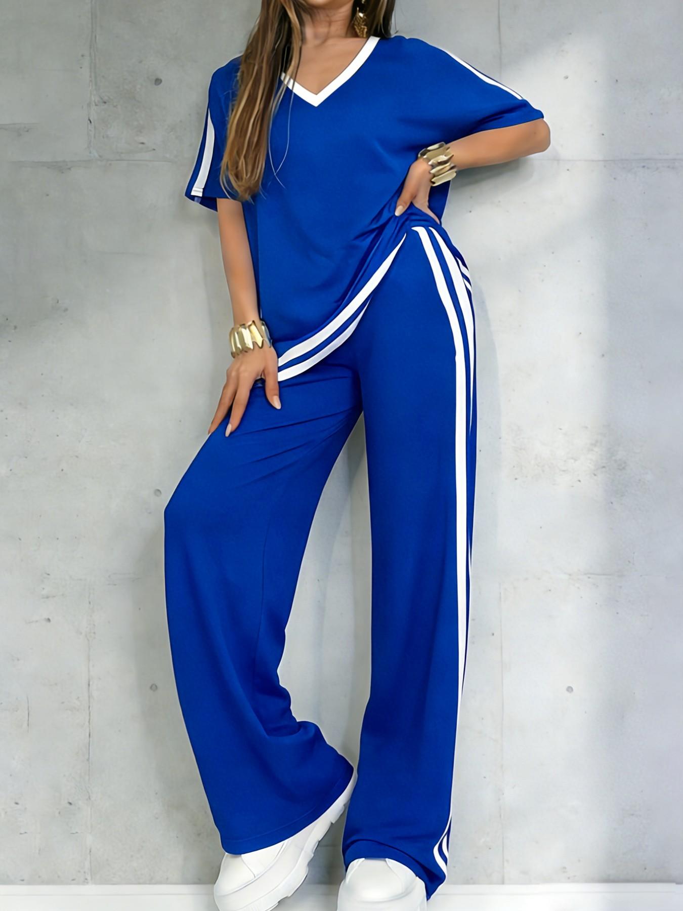 Women's Casual Sportswear Set, Pure Color V-Neck Short Sleeve T-Shirt & Striped Long Pants, Spring Summer Two-Piece