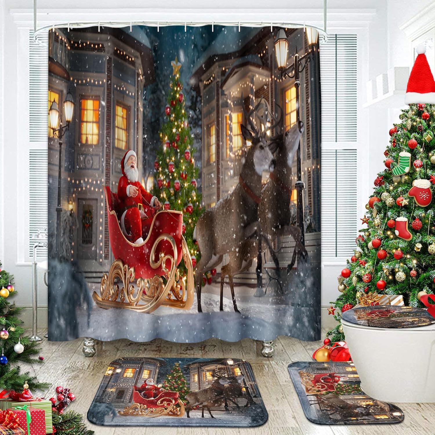 4 Pcs Shower Curtain Set Merry Christmas Happy New Year with Non-Slip Rugs Toilet Lid Cover and Bath Mat Bathroom Decor Set