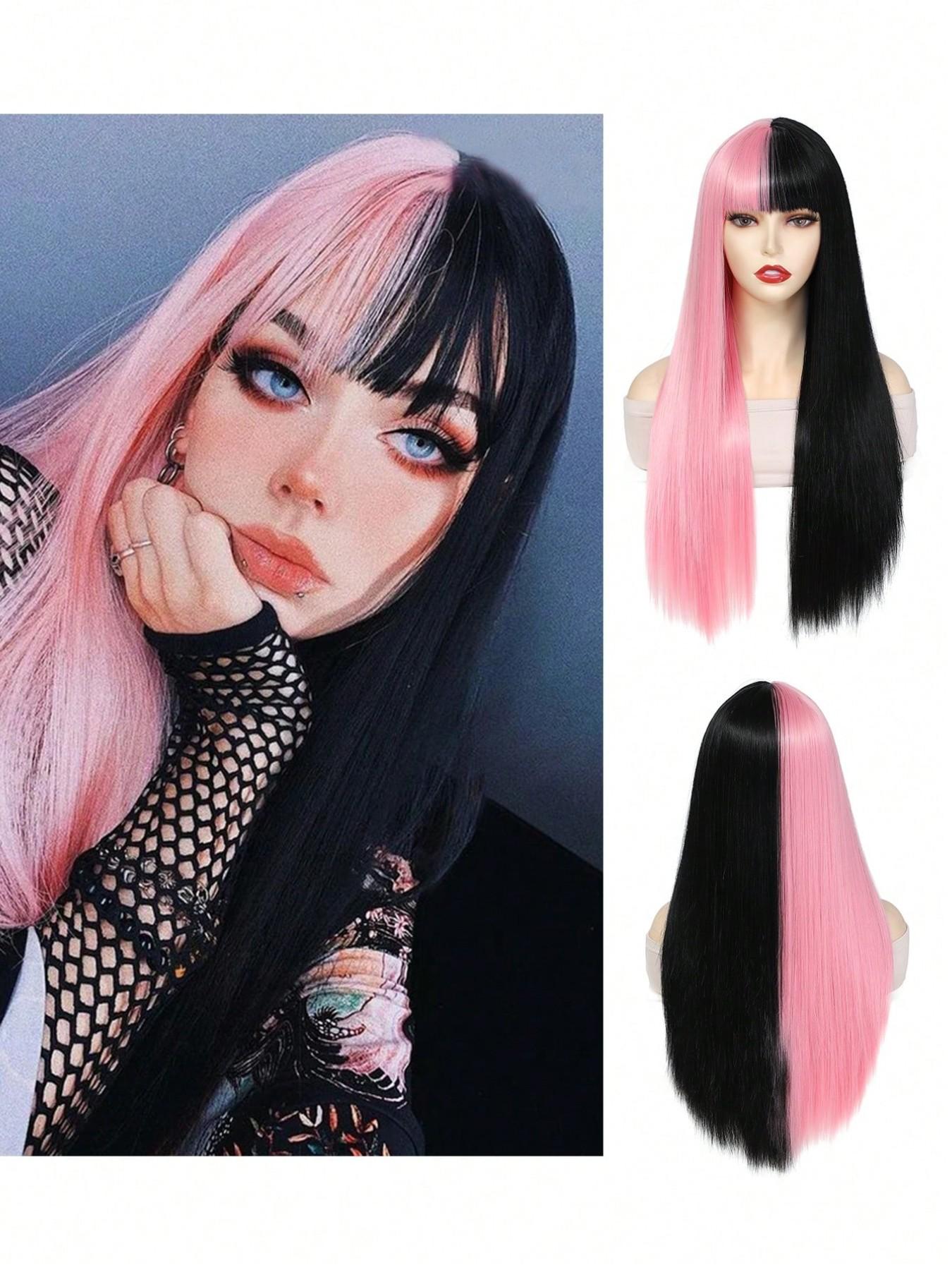 26 inch Cosplay Extension Hair Wig Pink And Black Color Synthetic Straight Hair Wig With Bangs Hair for women Wear Cosplay holiday Daily Halloween and Christmas New Year Carnival Music Festival