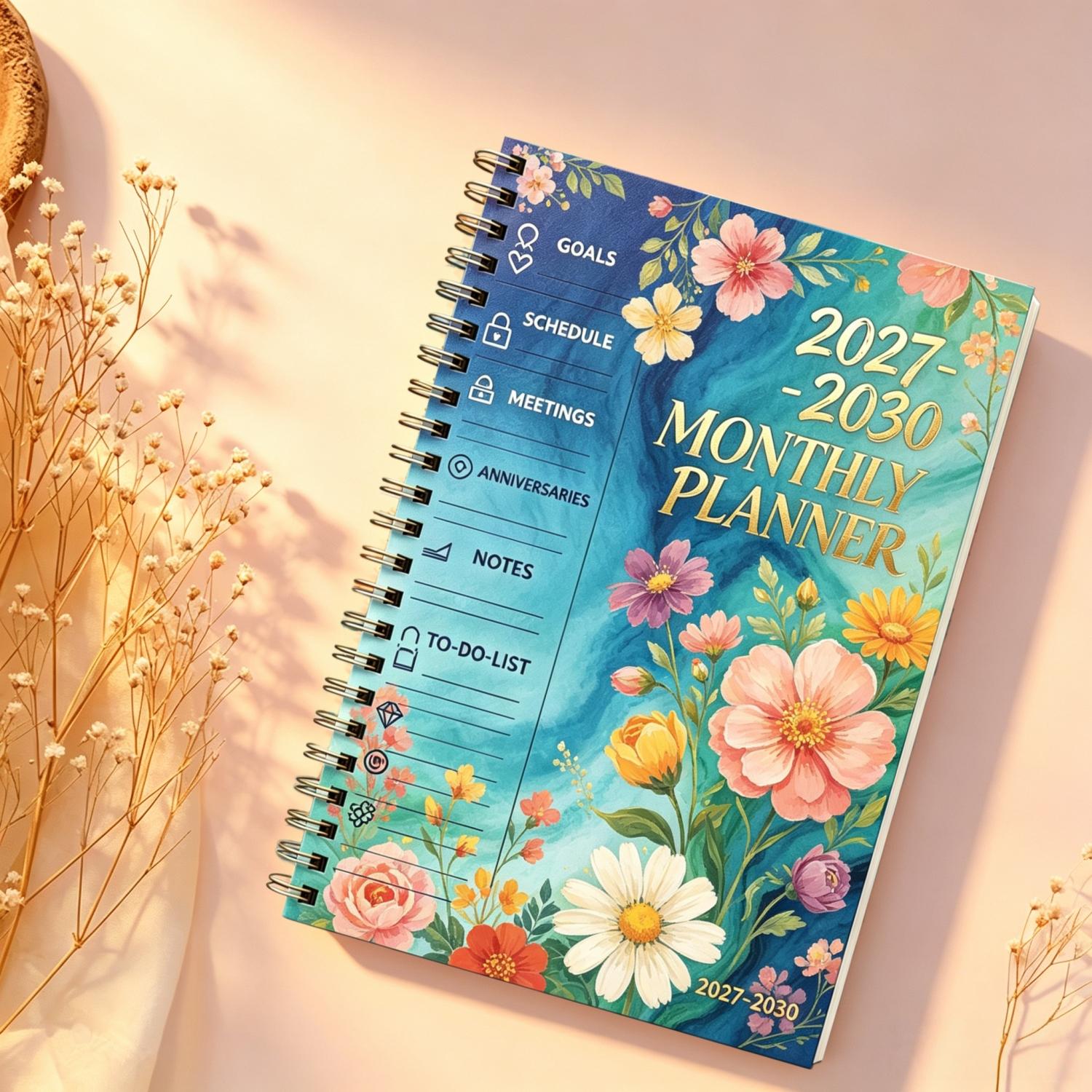 2027-2030 Monthly Planner/Calendar, Office Planner, 4-Year Monthly Planner, Colorful Flower Themed Cover Design Notebook, Yearly Calendar Planning, Monthly Tabs, 48-Month Calendar, 5.5 x 8.3 Inches, Thickened Paper, Elastic Cover, Durable