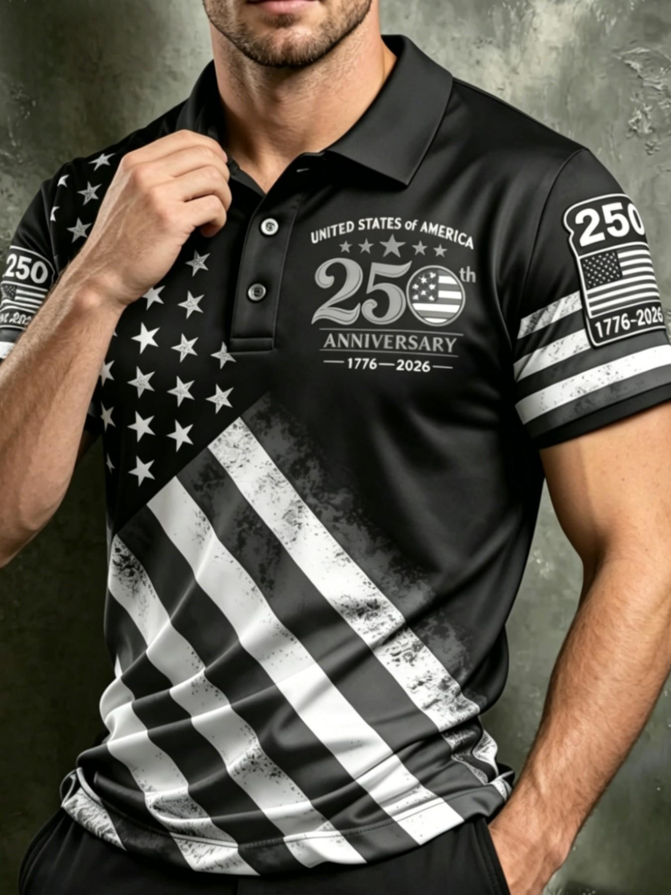 Men's 250th Anniversary American Flag Polo Shirt, Festive Patriotic Usa Flag Stars & Stripes, Slim-Fit Short Sleeve Golf Shirt, Casual Tops