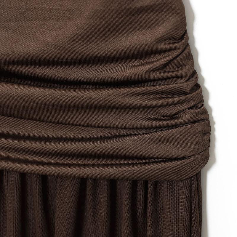 Women's Summer Long Dress Chocolate Brown Mesh Ruched Midi Dress Sleeveless Mock Neck Design Elegant Trendy 2025 new Evening Party Formal Outfit Pleated Hem Women’s Fashion Chiffon Lace Dress