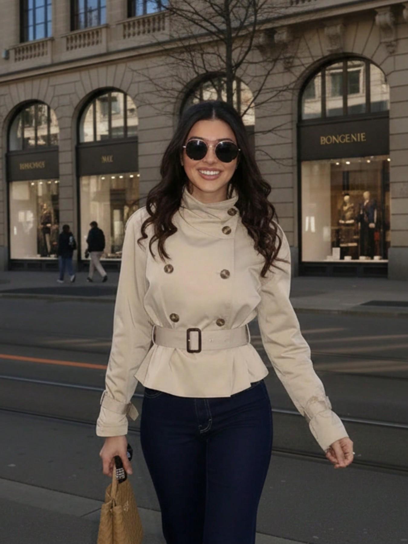 Women's Short Coat with Dual Button Straps, Long Sleeve Fall Winter British Style, Office Party Streetwear, Perfect for Daily Wear