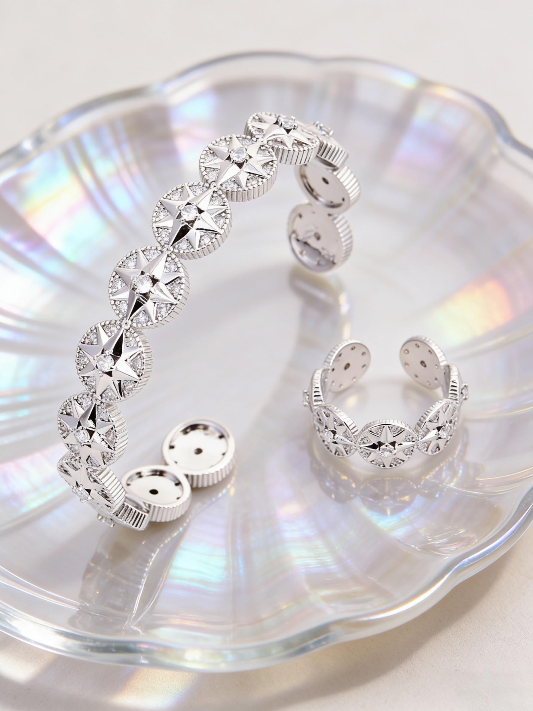 Bangle & Ring Set for Women, Luxury Starburst Cubic Zirconia Open Cuff Bracelet, Gold/Silver 2 Colors Optional, Elegant Jewelry for Office, Commute, Party & Prom