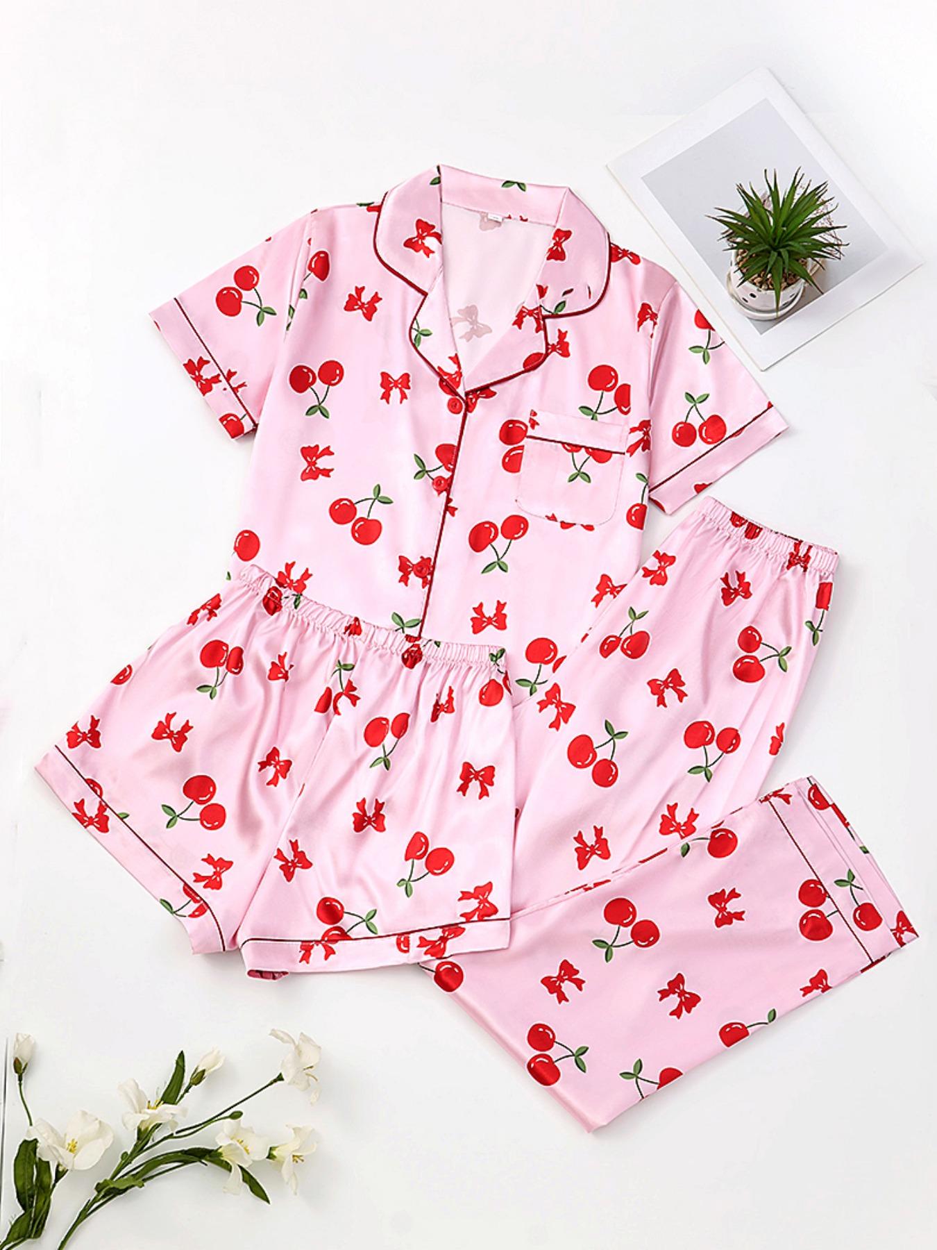 Women's Cherry Print Pajama Set, Cute Comfortable Short Sleeve Button Front Top & Elastic Waist Pants Shorts, Breathable Sleepwear