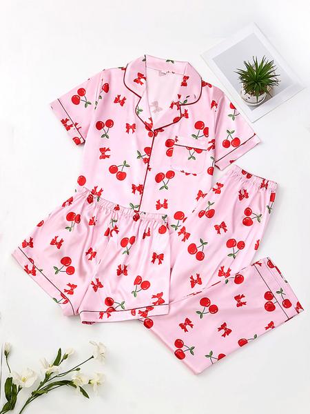 Women's Cherry Print Pajama Set, Cute Comfortable Short Sleeve Button Front Top & Elastic Waist Pants Shorts, Breathable Sleepwear
