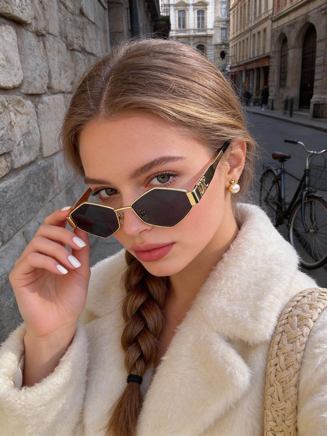 Women's Metal Decorative Lenses Sunglasses, Geometric Polygonal Frame Design, Elegant & Versatile Eyewear for Daily Wear, Travel & All Season Wear, Stylish Ladies' Shades, Metallic Material