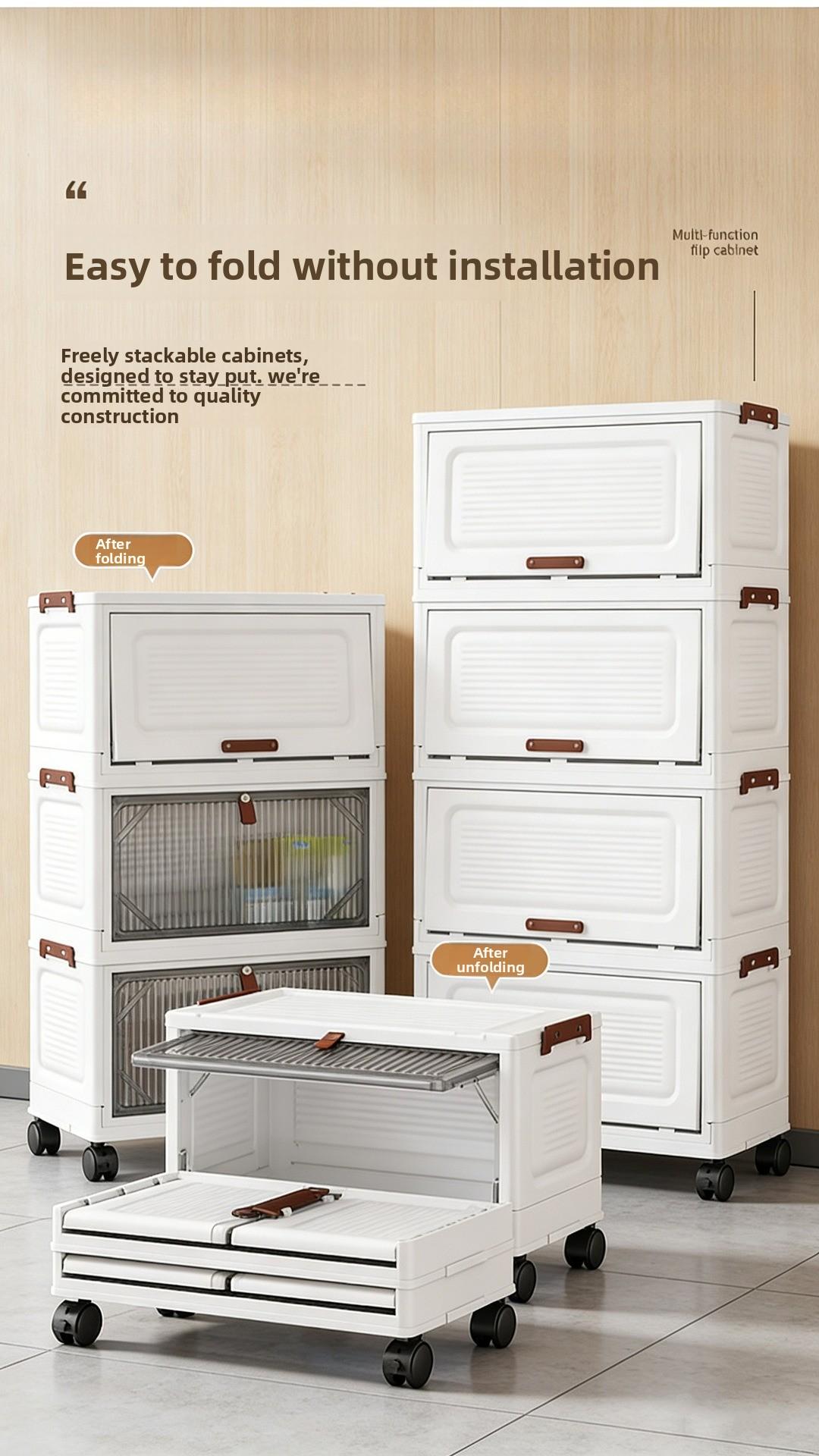 The latest multi-layer stackable transparent door storage cabinet, foldable plastic storage drawers with rollers, space-saving wardrobe storage supplies, suitable for kitchens, bedrooms, bathrooms