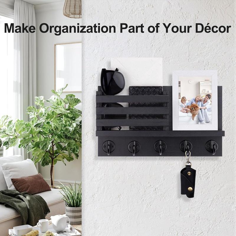 Wooden Wall Mounted Key Rack with 5 Metal Hooks, Decorative Mail Holder, Includes Installation Hardware, Ideal for Coats, Umbrellas, Bags, Storage Hooks