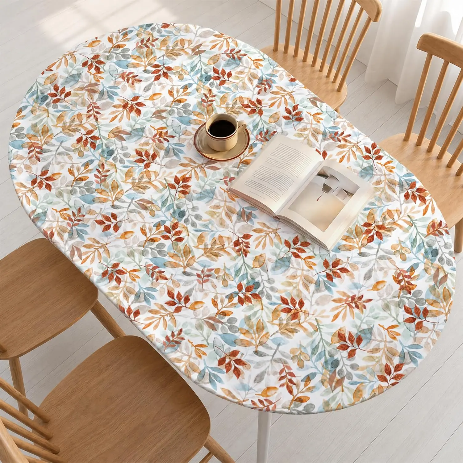 Horaldaily Fall Fitted Tablecloth for 64x44 Inch Oval,Maple Leaves Orange |   Watercolor Thanksgiving Fancy Washable Table Cover With Elastic Edge for Decoration, Kitchen, Dining, Picnic, Camping, Party