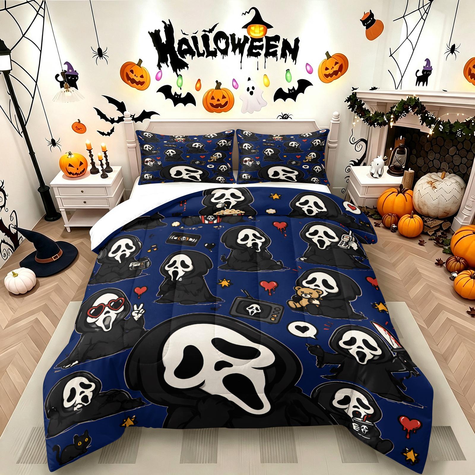 Color-Block Plaid Chibi Hugging a Teddy Bear, Pulling a Suitcase and Playing Phone Ghostface Print Comforter Set & 1-2 Pillowcases, Comfortable Easy Care Bedding, Halloween or Movie Fans Bedroom Dorm Decor