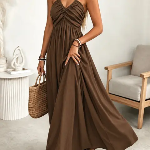 Women's A-Line Dress, Casual Long Dress, Sleeveless Halter Backless, Elegant Chic Tie Details, Elastic Waist, Boho Style, Bohemian, Casual, Summer Fashion, Perfect for Daily Wear