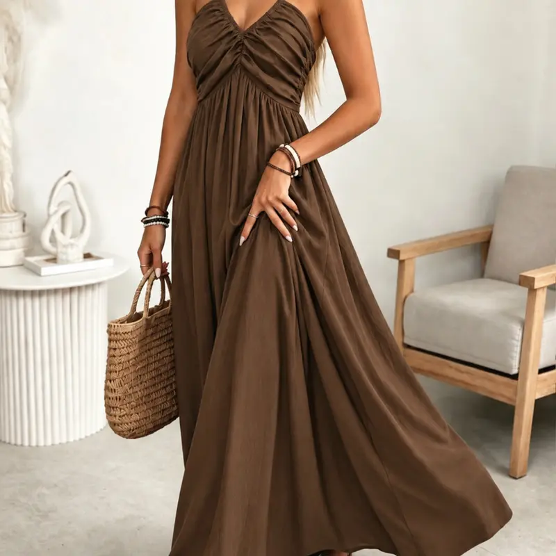Women's A-Line Dress, Casual Long Dress, Sleeveless Halter Backless, Elegant Chic Tie Details, Elastic Waist, Boho Style, Bohemian, Casual, Summer Fashion, Perfect for Daily Wear