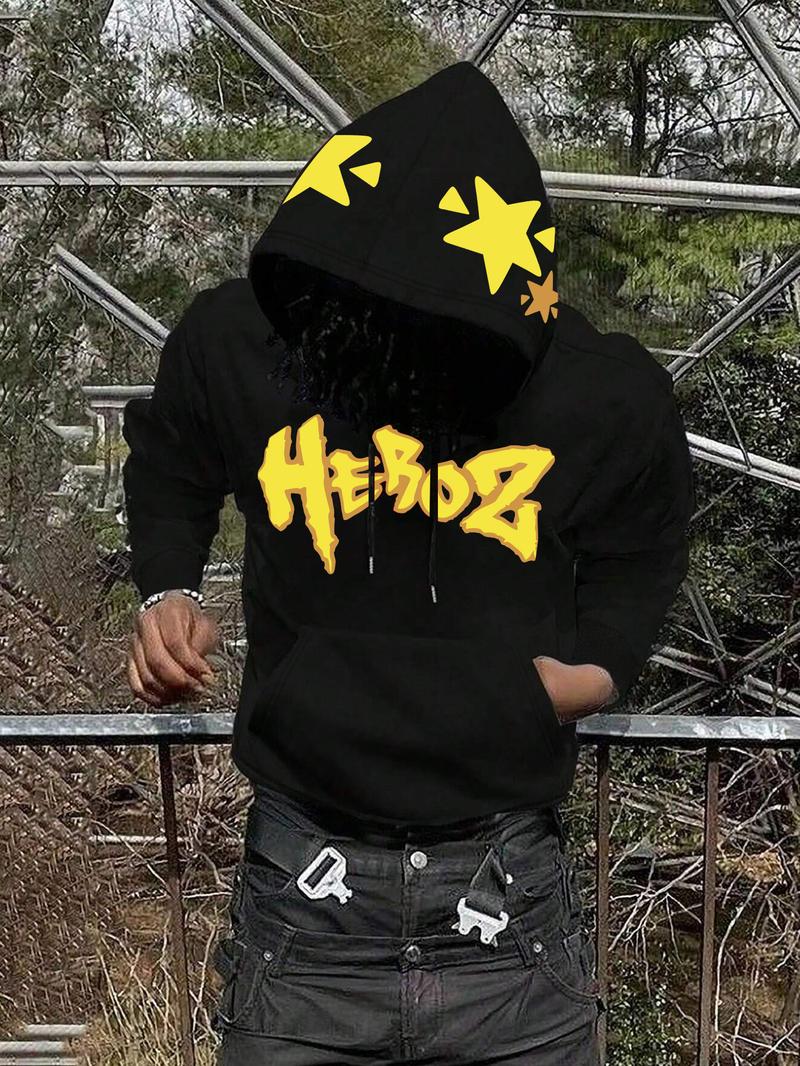 Men's Black HEROZ Graphic Drop Shoulder Hoodie with Yellow Star Hood and Sleeve Details, Streetwear Long Sleeves Top, for Urban Fashion