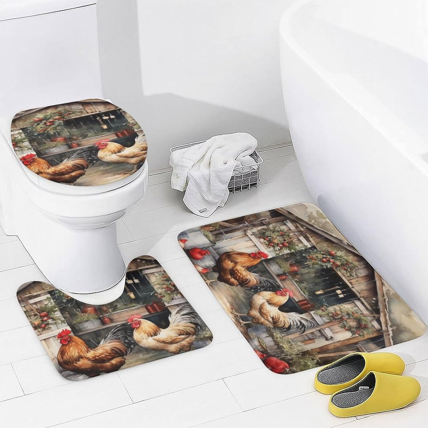 It's Just Chicken Time Shower Curtain 4 Piece Set Bathroom Shower Curtain Set with Rugs Rooster Chicken Holiday Durable and Waterproof for Bathroom Decor