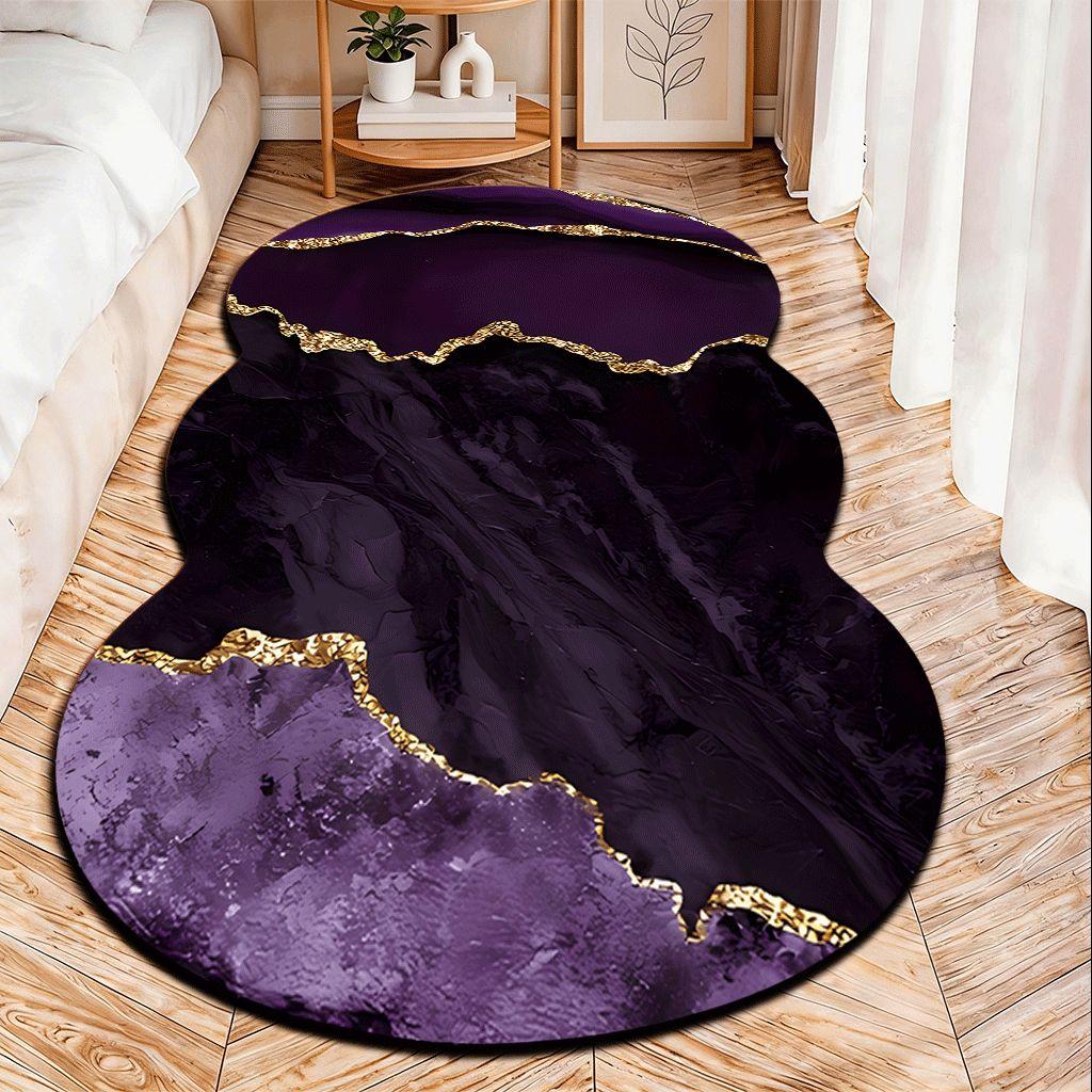 2D Flat velvet irregular shape carpet with purple marble and gold foil pattern, machine washable and non-slip design, suitable for bedrooms/rooms, all seasons of spring, summer, autumn and winter, as well as Valentine's Day, Christmas and Thanksgiving, du