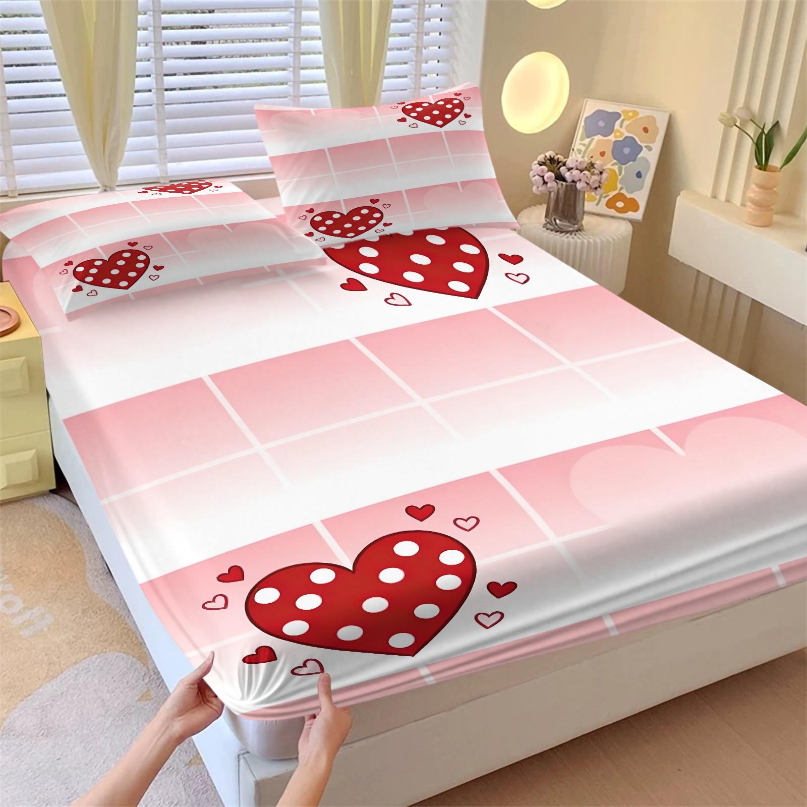 Valentine'S Day Themed Sweet Pink Gradient Plaid Pattern Bedding Set, 3-Piece Set With Red Polka Dot Heart-shaped Print Fitted Sheet Set, Perfect for A Romantic Girl'S Bedroom Decor. Includes 1 Fitted Sheet and 2 Pillowcases.