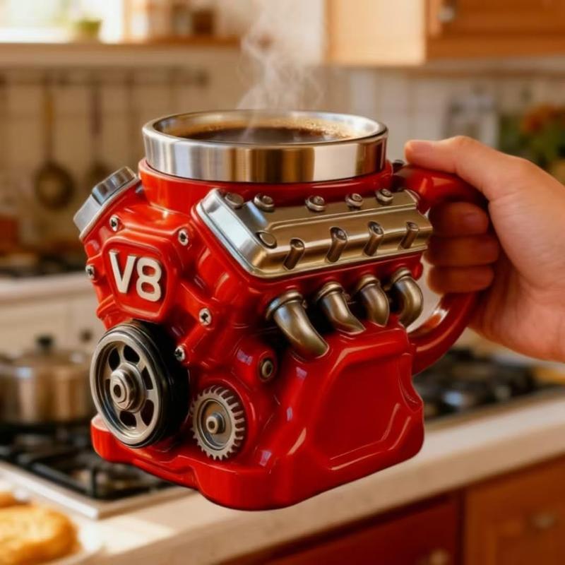 V8 Engine Stainless Steel Coffee Cup, 3D Mechanical Design Dual Layer Insulated Mug with Handle, Vintage Car Gift for Car Enthusiasts