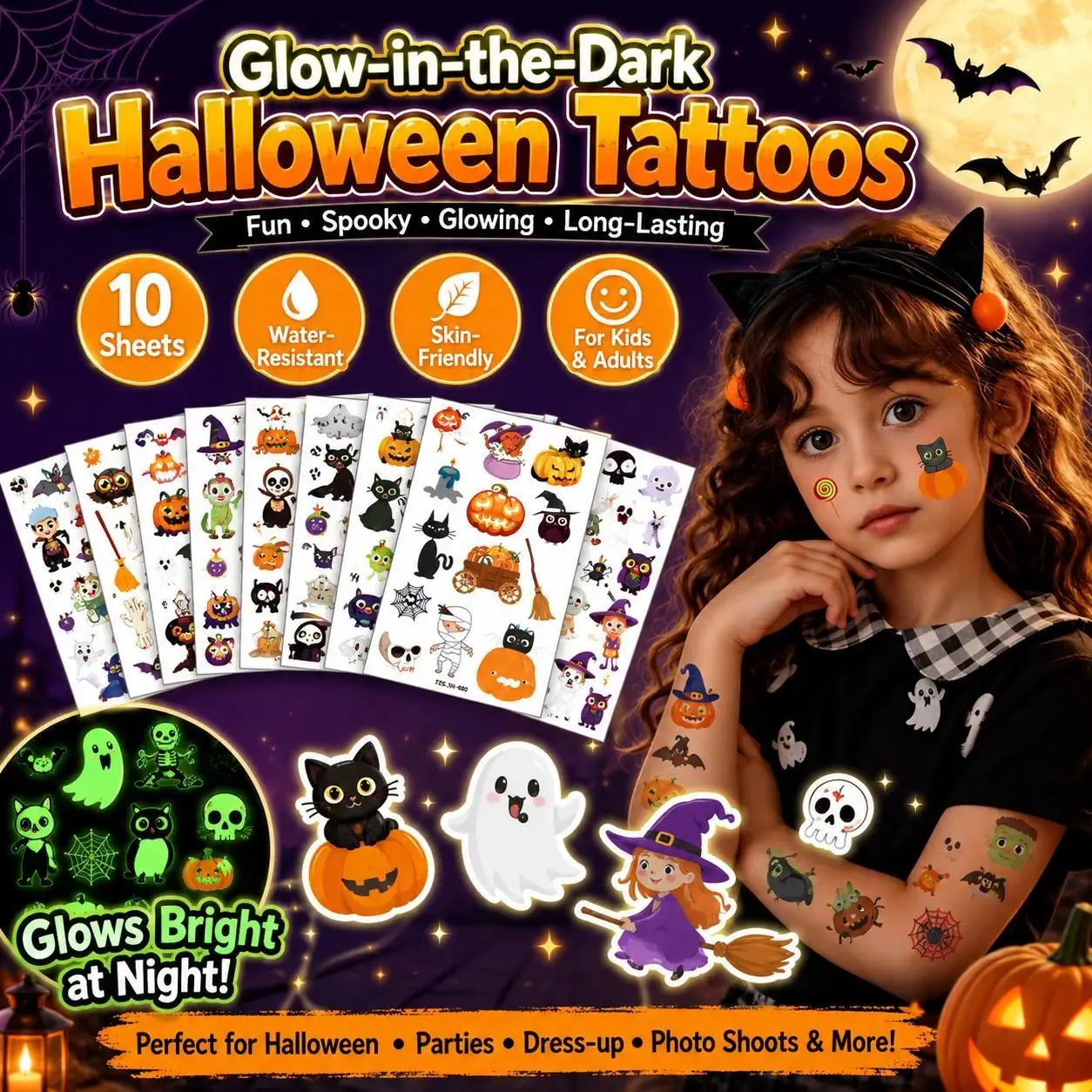 10/30/50 Sheets Set Glow-in-the-Dark Halloween Temporary Tattoos, Spooky Cartoon Pumpkin Decals, Exclusive Design, Water-Resistant Stickers, Fits Various Cosplay Outfits for Dress-up Party & Photo Shoot