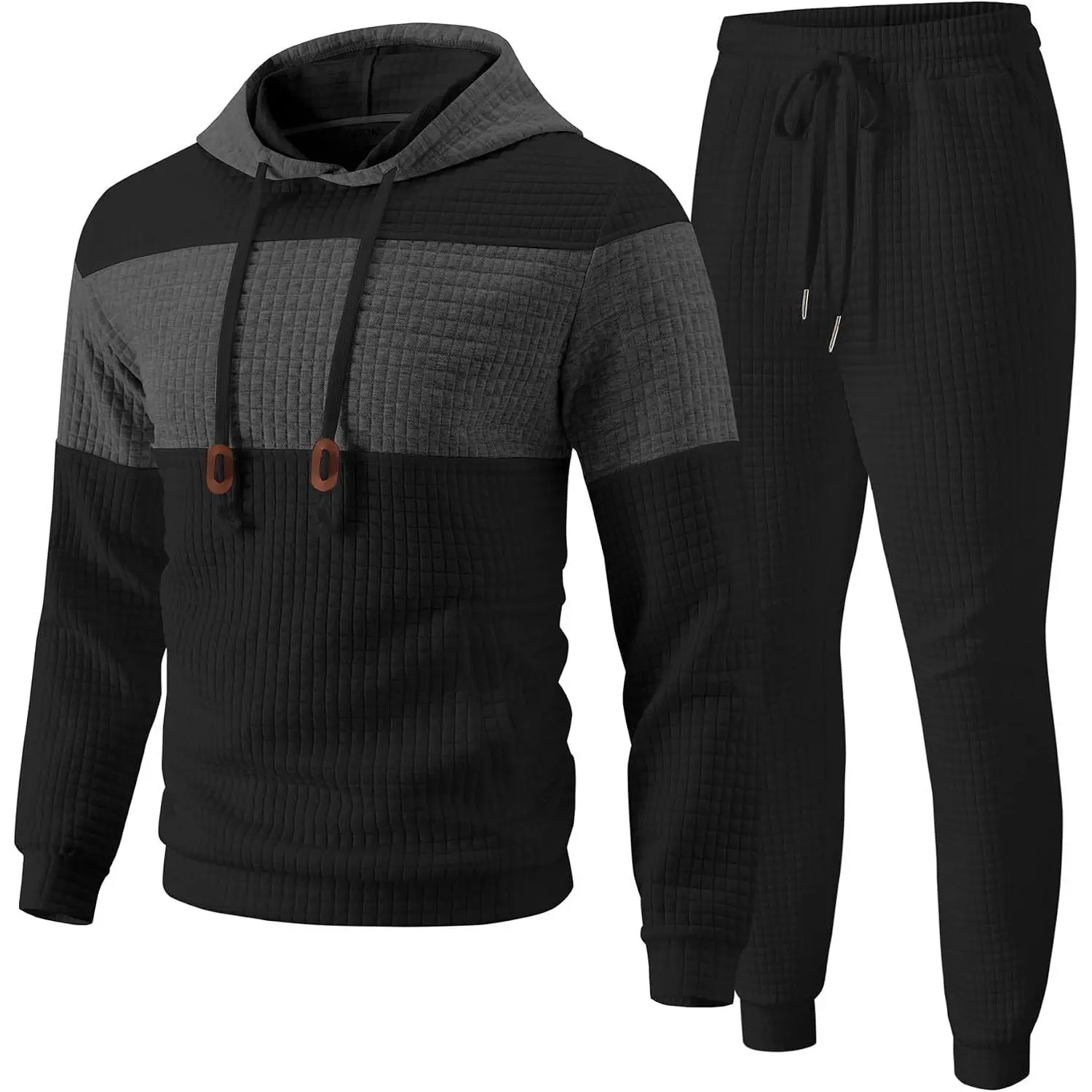 Mens Tracksuit 2 Piece Hoodie & Sweatpants Set Waffle Jacquard Sweatsuit Outfits Casual Jogging Suits