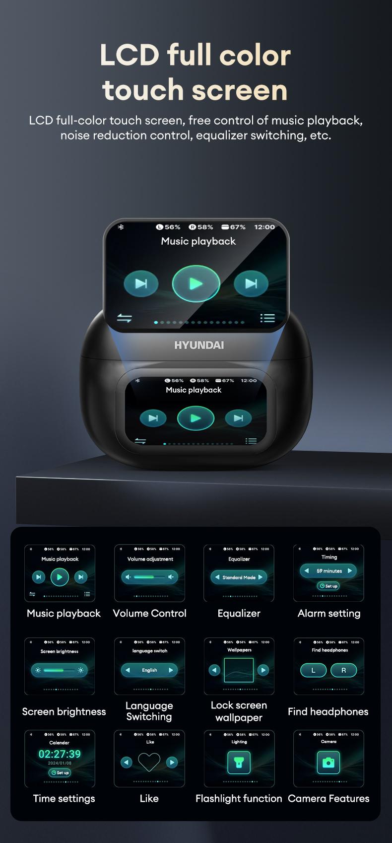 HYUNDAI C02 Clip On Ear Headphones with LCD Full Color Touch Screen, Audio Wireless Headphones for Music & Phone Calls