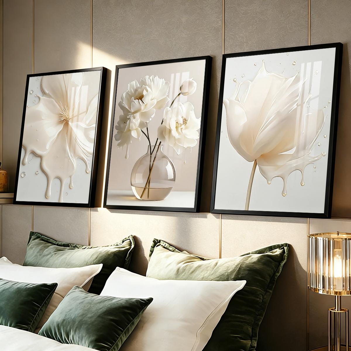 3 Counts Aluminum Alloy Framed Painting, Elegant White Liquid Floral Art Pictures, Home Decoration For Living Room, Bedroom, Office, Restaurant, Hallway Wall Decor, Odorless Print Artwork, Luxury Perfect Gift For Friends And Family