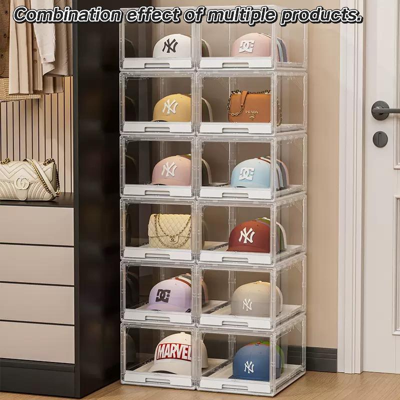 Baseball Cap Storage Box Set, Transparent Hat Organizer Case with Drawer & Sliding Tray, Stackable Display Rack Holds Up to 12 Caps