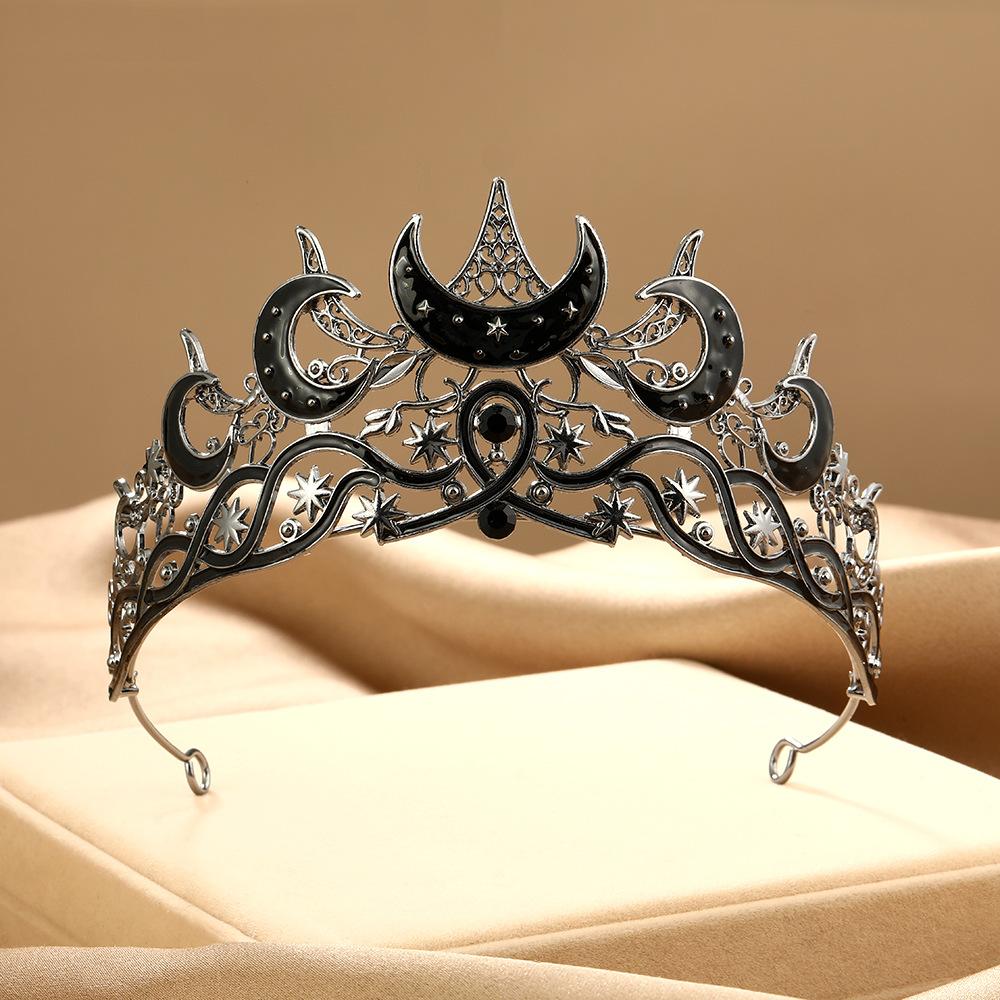 Gothic Moon-Star Rhinestone Crown, Funky Unique Accessories, Unisex Halloween Costume Headpiece for Witch Role Play Party Decoration