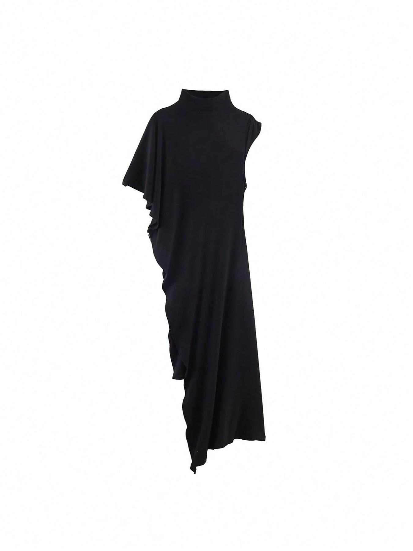 Women's Summer Minimalist High Street Half-Neck Asymmetric Sleeve Long Coat, Irregular High Split Hem, Comfortable Fabric, Versatile