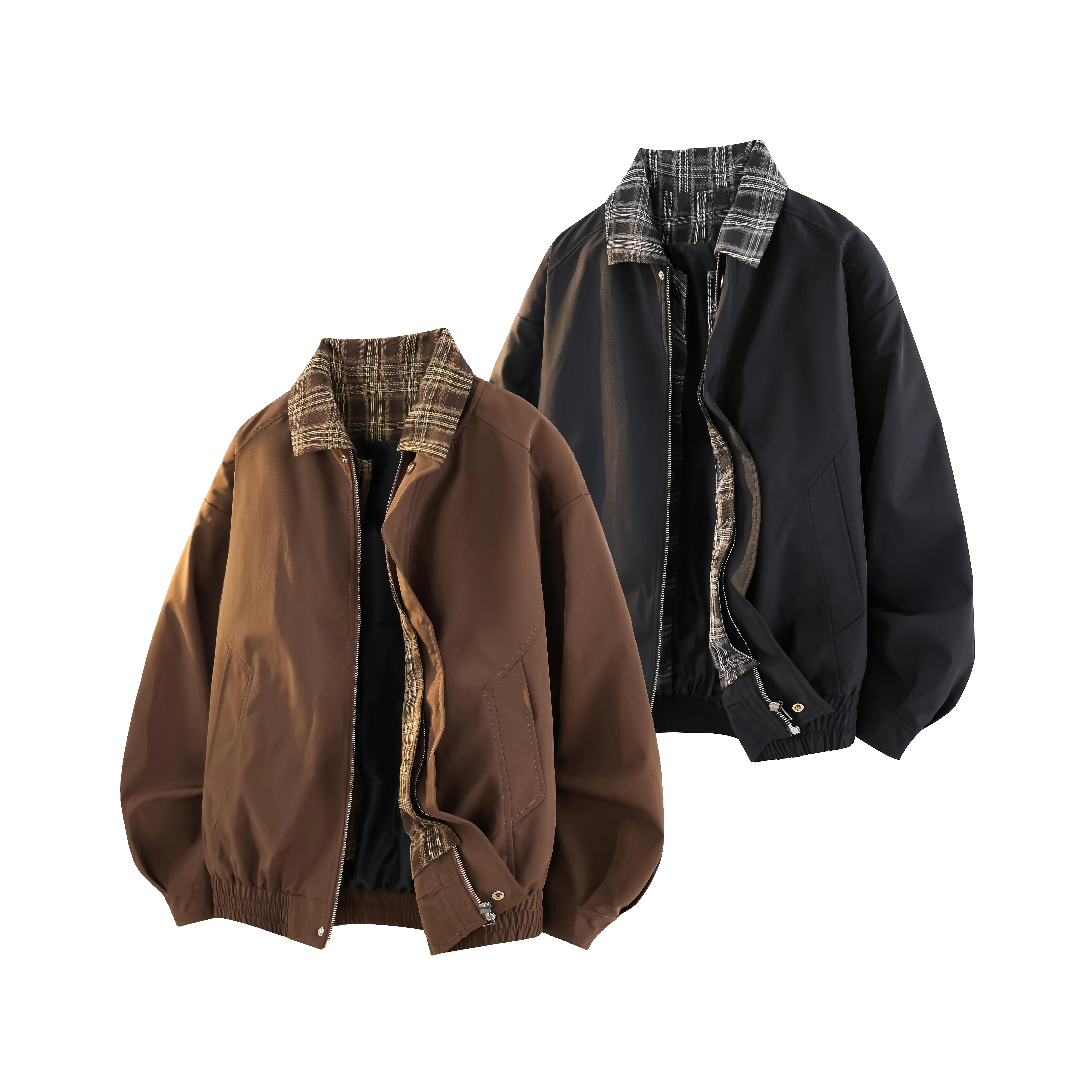 Men's Classic Casual Zip-Up Bomber Jacket - Long Sleeve Lightweight Windbreaker, Plaid Contrast Collar, Elastic Hem, Side Pockets, Smooth Fabric Retro Streetwear Menswear Coat (Spring Autumn Outerwear, Black/Brown)