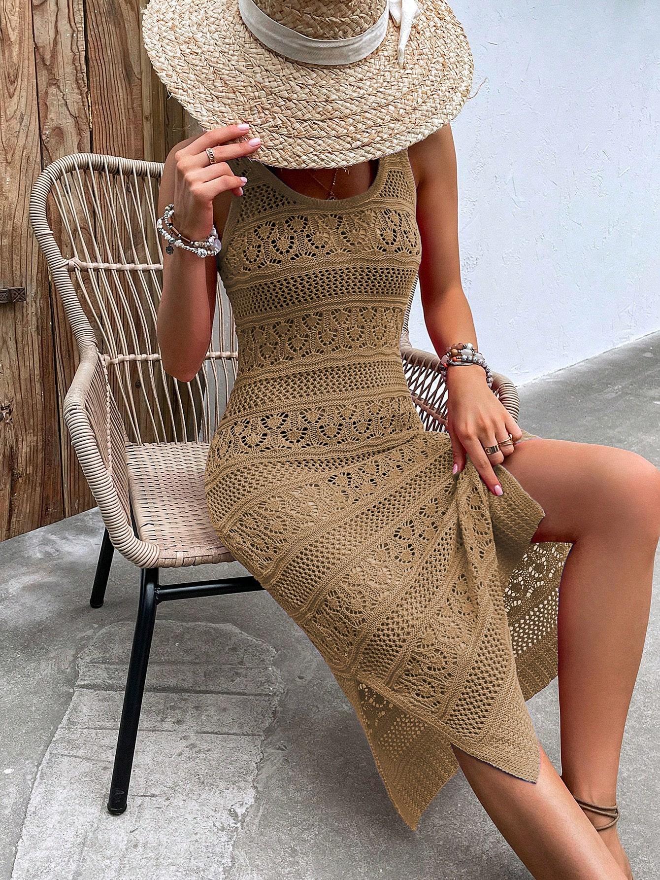 Women's Elegant Chic V-Neck Sleeveless Dress, Casual Summer Beachwear, Hollow Out Pattern, Split Thigh Design, Fitted Long Dress Womenswear