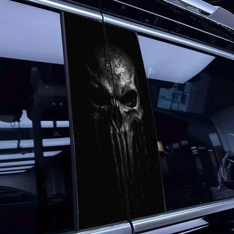 Punisher Skull B Pillar Sticker, Deep and Weathered Design, Cracked Splash Effect, Vertical Drop, Waterproof Car Decal