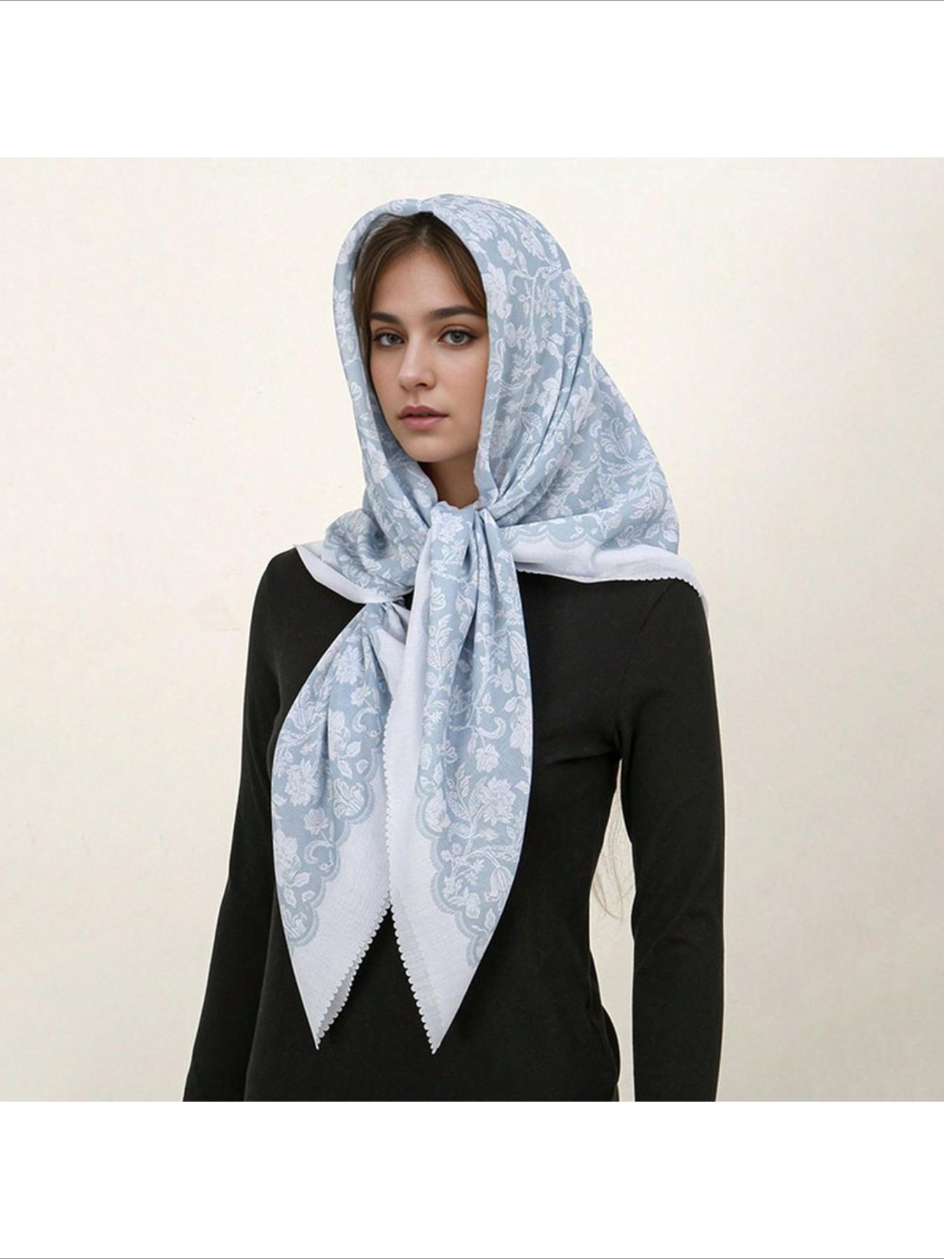 1pc 110*110cm Laser Cut Edging White Dainty Floral Print Large Square Bandana, New Bohemian Style Linen Soft Light Breathable Wavy Hem Head Wrap Hijab Shawl Floral Combination Print Balinese Chiffon Square Bandana Shawl