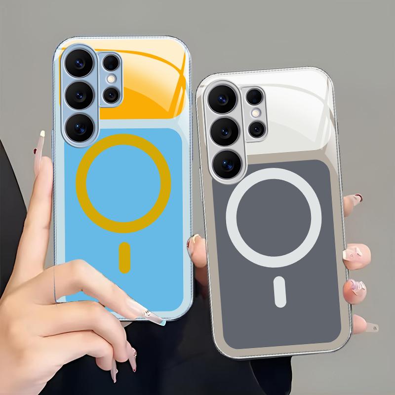Fits Samsung Galaxy S26/S25/S24/S23/S22/S21/S20 Viral Dopamine Color Block MagSafe Magnetic Glass Phone Case, Two-Tone Bright Pastel Electroplated Glossy Shockproof Minimalist Aesthetic Cover---9435
