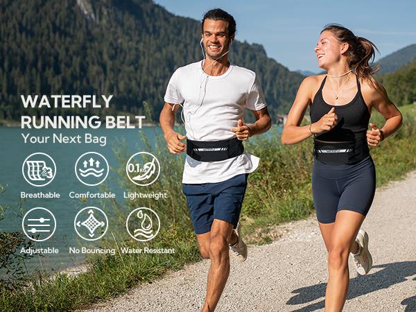 WATERFLY Running Belt Fanny Pack: Slim Breathable 4 Pocket Waist Bag for Men Women Sport Workout Exercise Fitness Phone Holder - Runner Marathon Jogging Waistband Fits ALL Phones SpringStatements