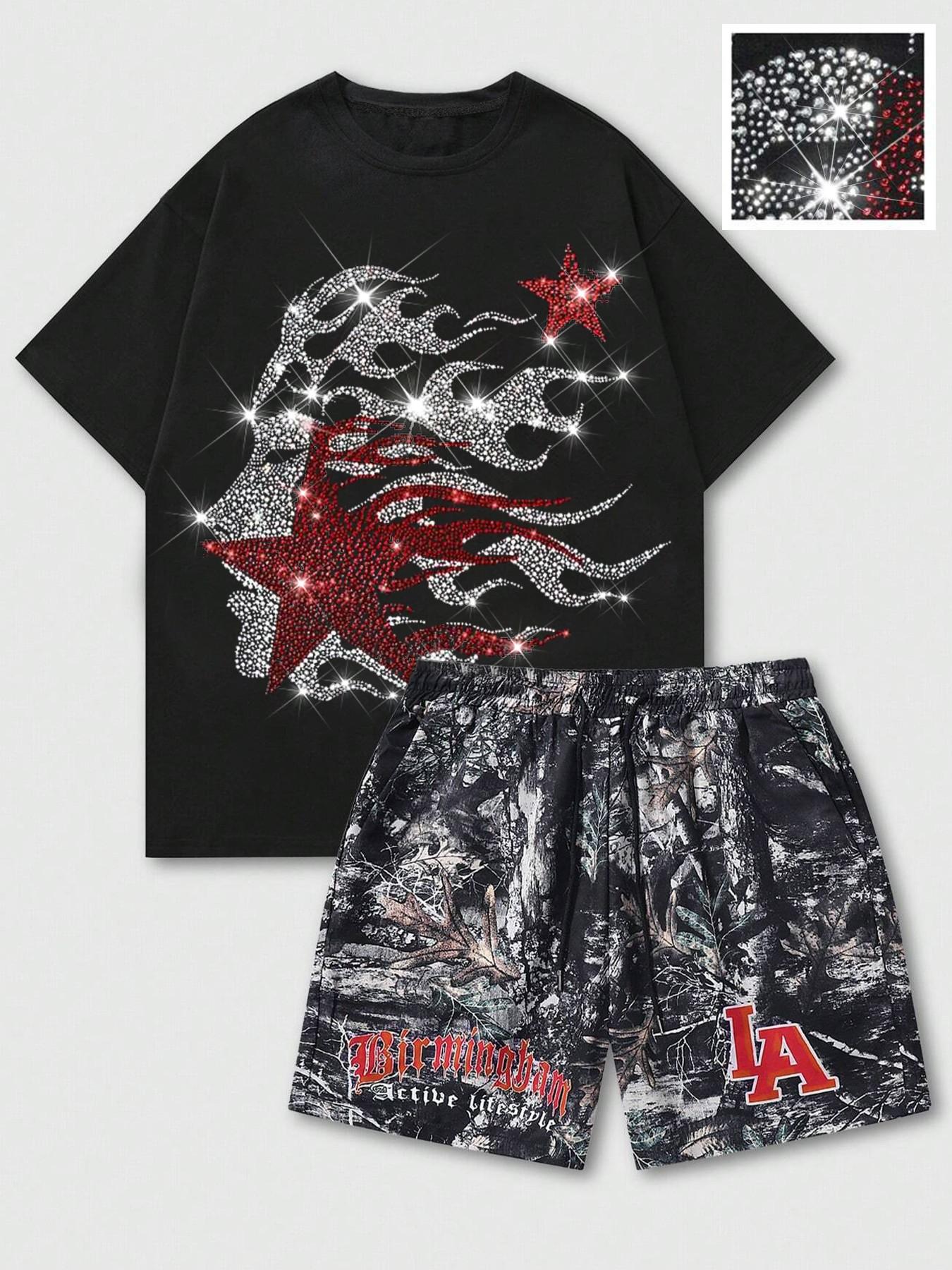 Men's Casual 2-Piece Short Sleeve & Shorts Set, High Street Rhinestone Outfit, Flame Star Graphic & Camouflage Leaf Print, Comfortable Fit, Streetwear