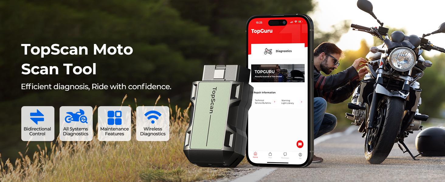 TOPDON TopScan Motorcycle Diagnostic Tool, Wireless Motorcycle OBD2 Scanner Fits for Harley, Ducati, BMW, All Systems Motorbike