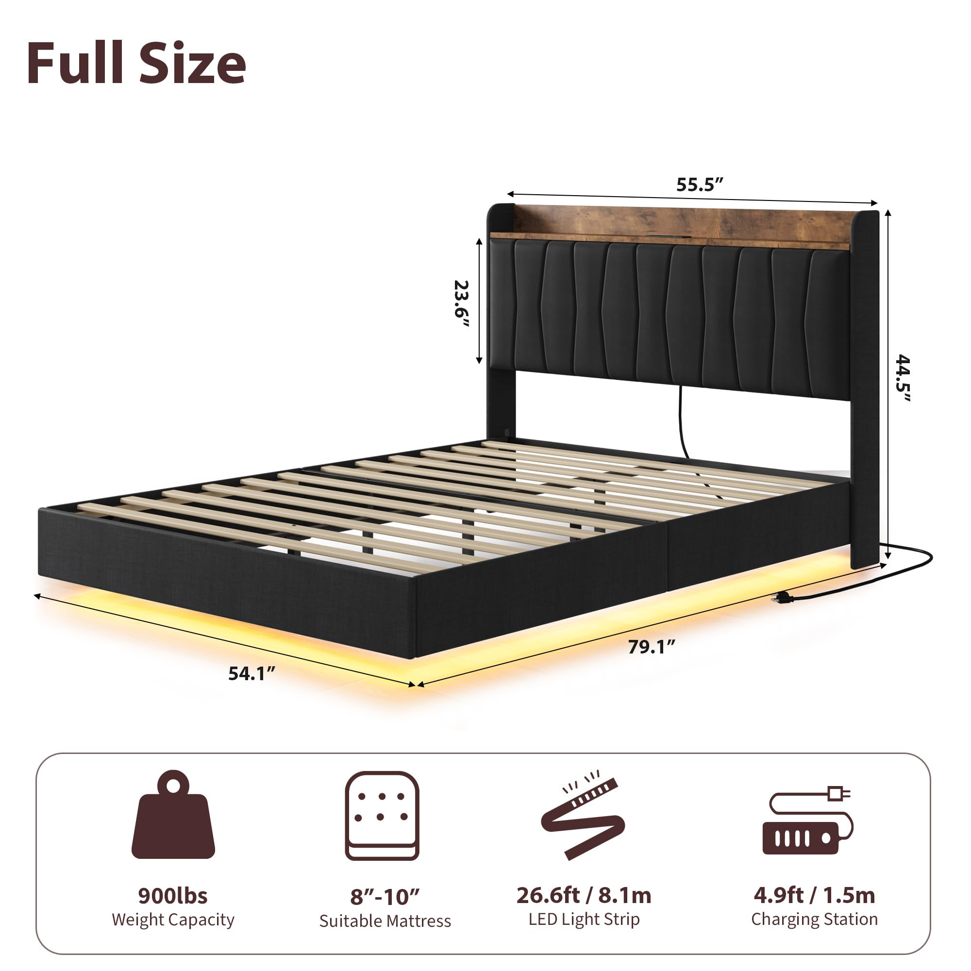 Floating Bed Frame with LED Lights & Charging Station, Upholstered Platform Bed with Storage Headboard, Wood Slats Support, No Box Spring Needed, Easy to Assemble Floating Bed Frame with LED Lights & Charging Station, Upholstered Platform Bed with Storage Headboard, Wood Slats Support, No Box Spring Needed, Easy to Assemble