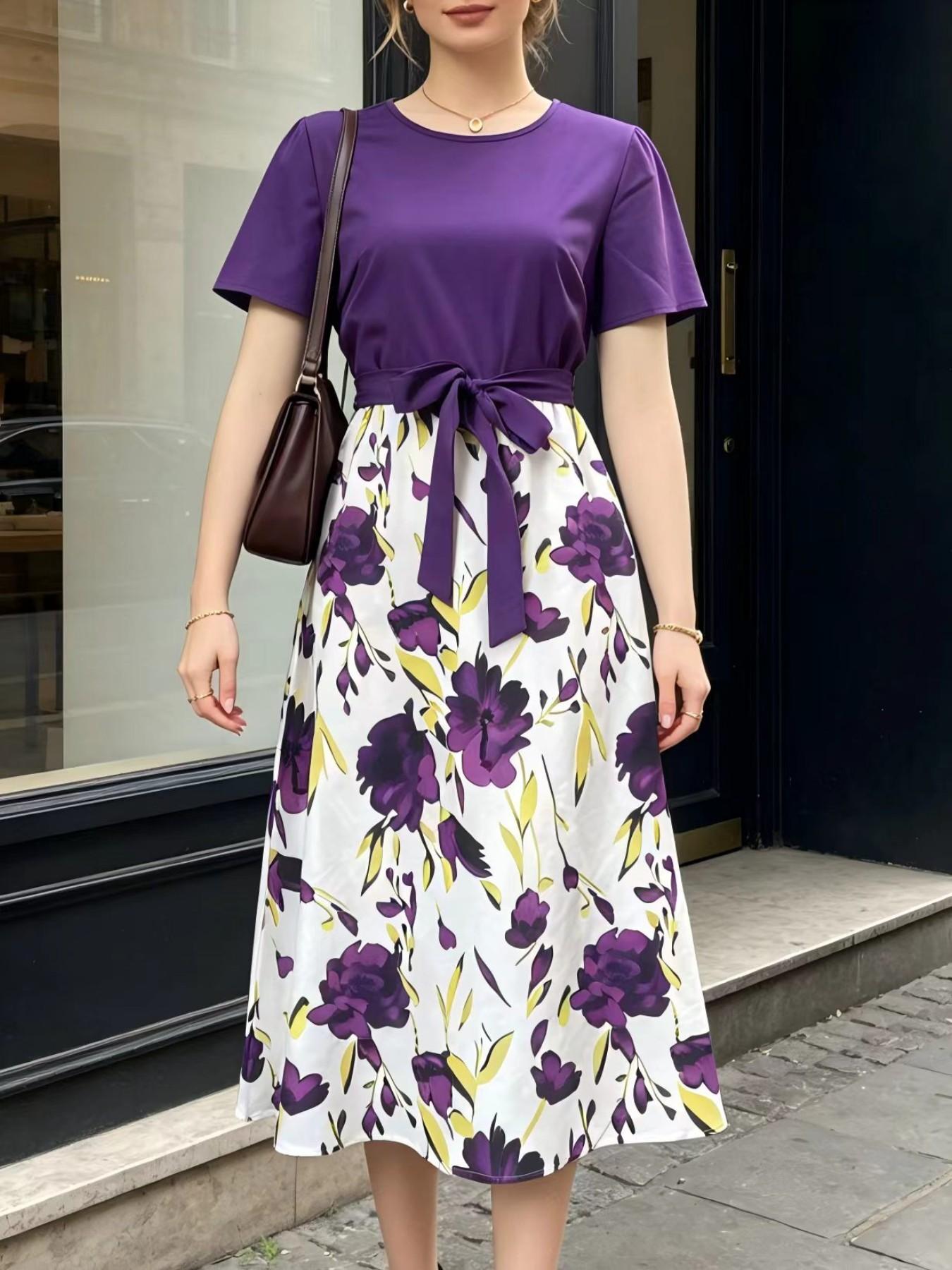 Women's Summer Short Sleeve Dress, Elegant Floral Print Long Skirt, Versatile Two-Piece Design, Soft & Chic Style, Perfect for Daily Wear  Slim Fit Waist Dress Ladies Casual Outfit