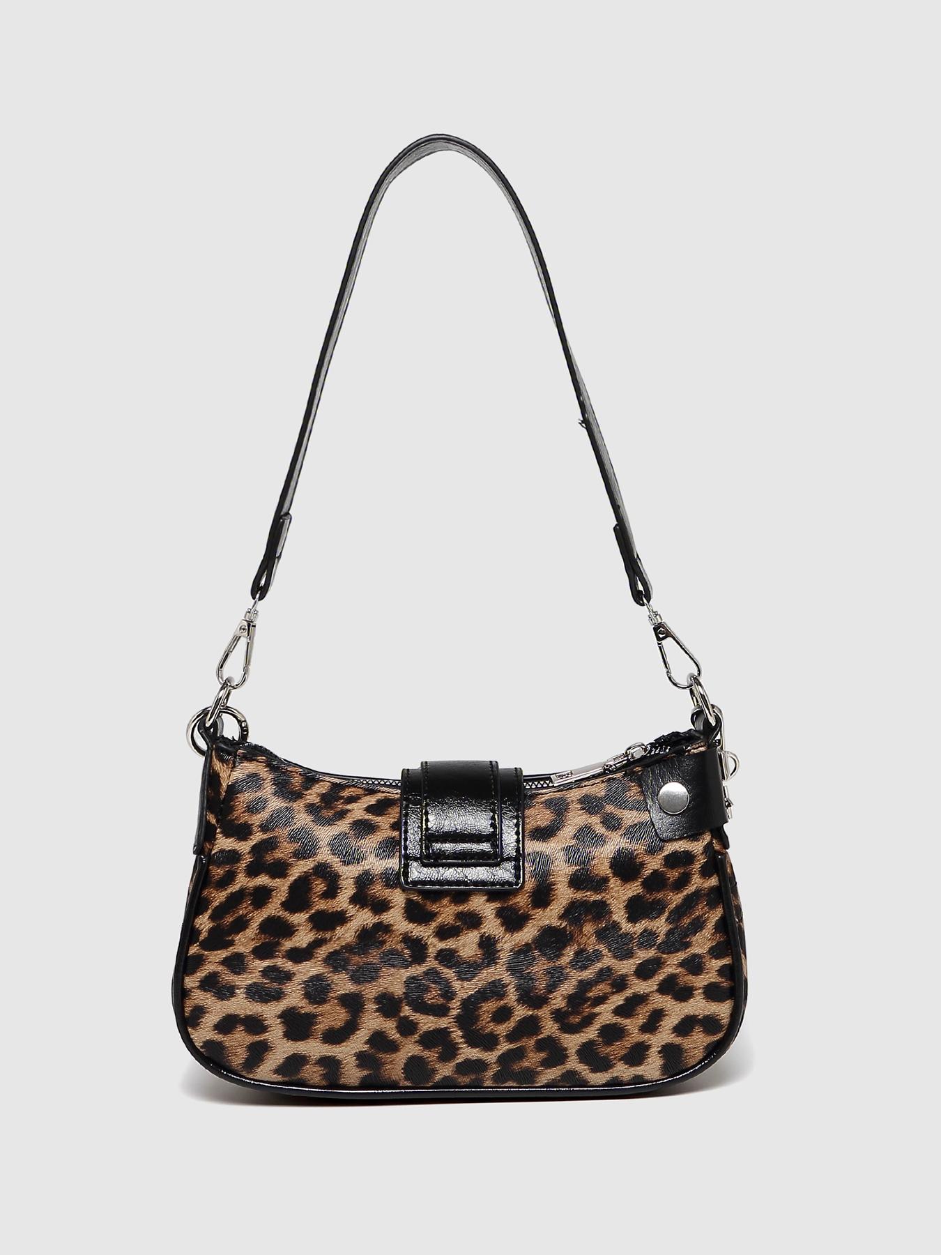 Women's PU Leather Embellished Shoulder Bag, Vintage Leopard Print Colorblock Crescent Clutch, Y2K Style Chain Decorated