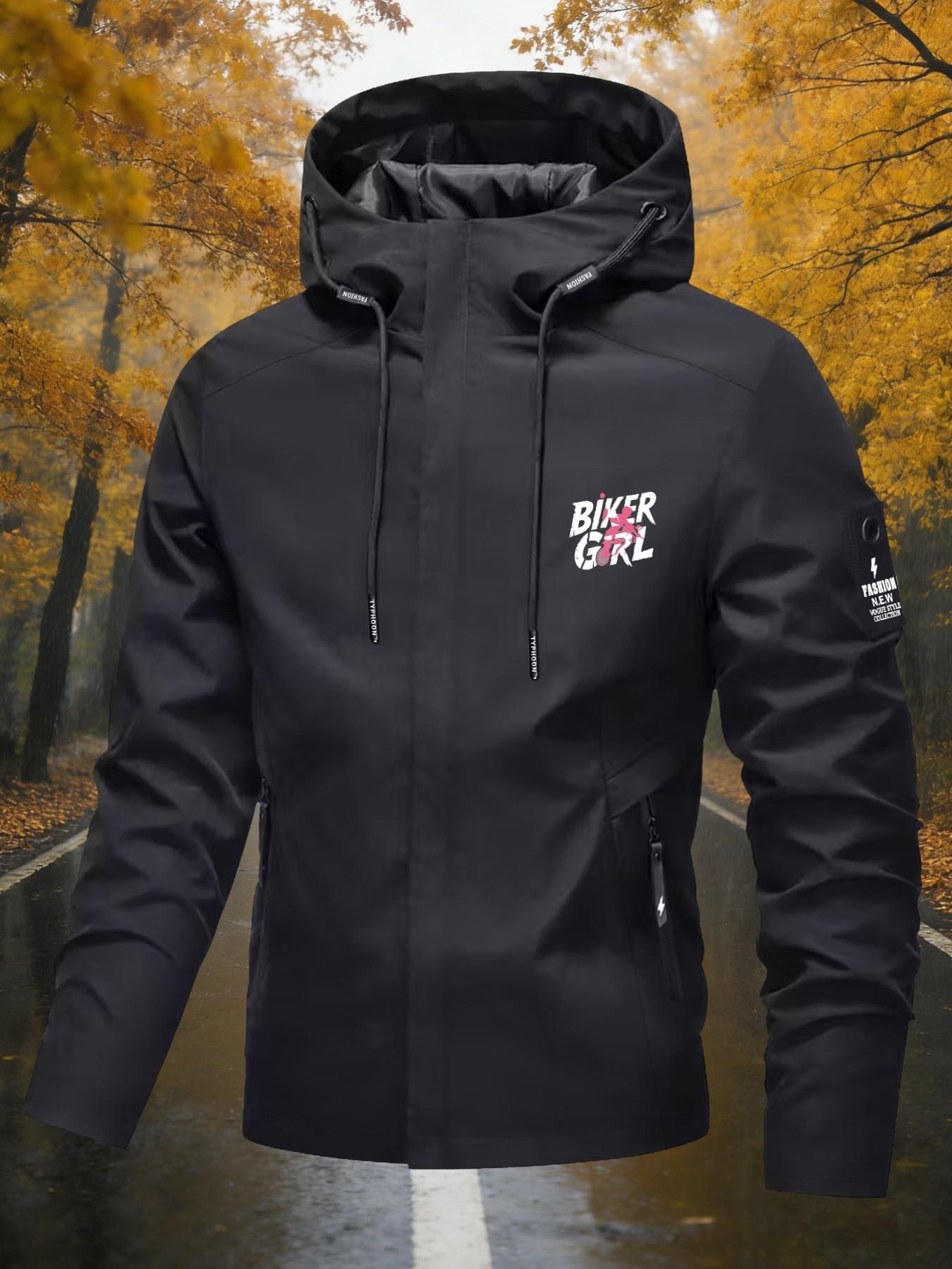 Women's Hooded Windbreaker Jacket Double sided BIKER GIRL Pink Moto Print Jacket Two Color Options Hooded Loose All Season Warm Jacket Ideal for Daily Commute Hiking Climbing Wear Skin Friendly Breathable Machine Washable Plussize