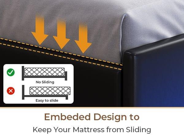 Sikaic Upholstered Platform Bed Frame with LED Lights & Charging Station Hidden Storage Headboard and 4 Drawers PU Black Modern Unique Furniture